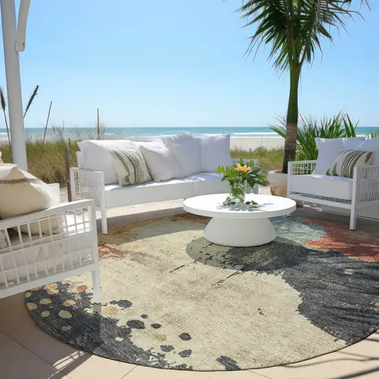 8' Rust Beige And Charcoal Round Abstract Washable Indoor Outdoor Area Rug Photo 5