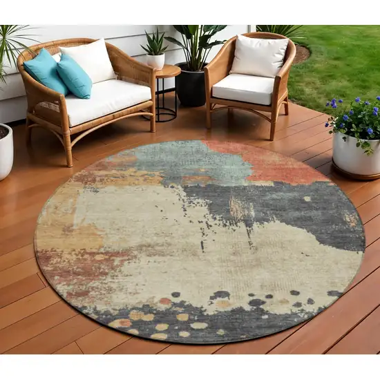 8' Rust Beige And Charcoal Round Abstract Washable Indoor Outdoor Area Rug Photo 2