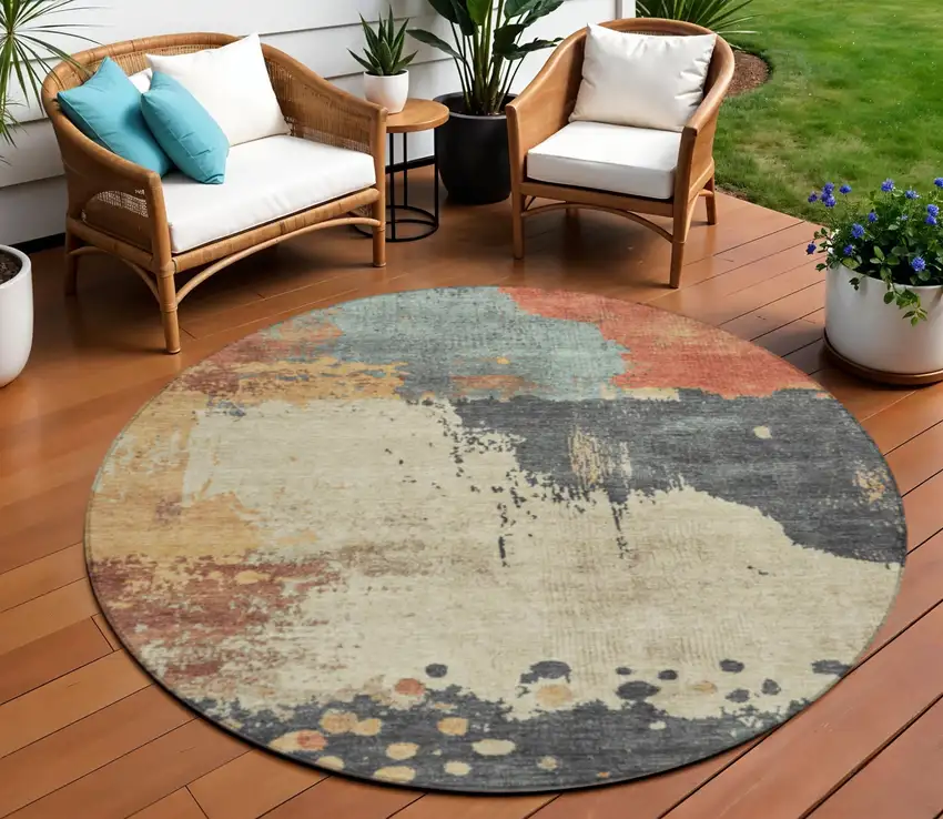 8' Rust Beige And Charcoal Round Abstract Washable Indoor Outdoor Area Rug Photo 2