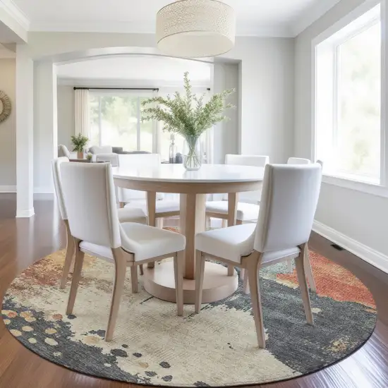 8' Rust Beige And Charcoal Round Abstract Washable Indoor Outdoor Area Rug Photo 6