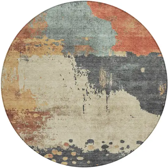 8' Rust Beige And Charcoal Round Abstract Washable Indoor Outdoor Area Rug Photo 1