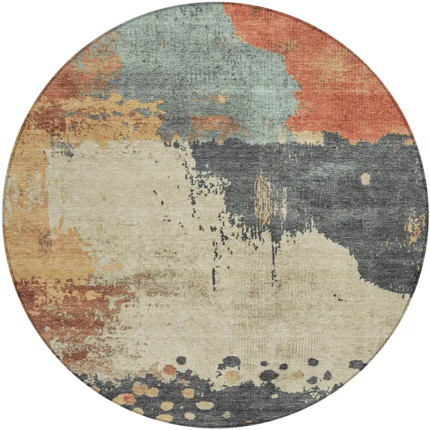 8' Rust Beige And Charcoal Round Abstract Washable Indoor Outdoor Area Rug Photo 1