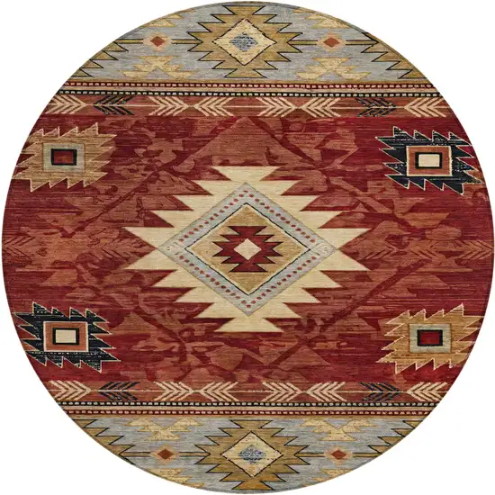 8' Rust Beige And Charcoal Round Tribal Washable Indoor Outdoor Area Rug Photo 1