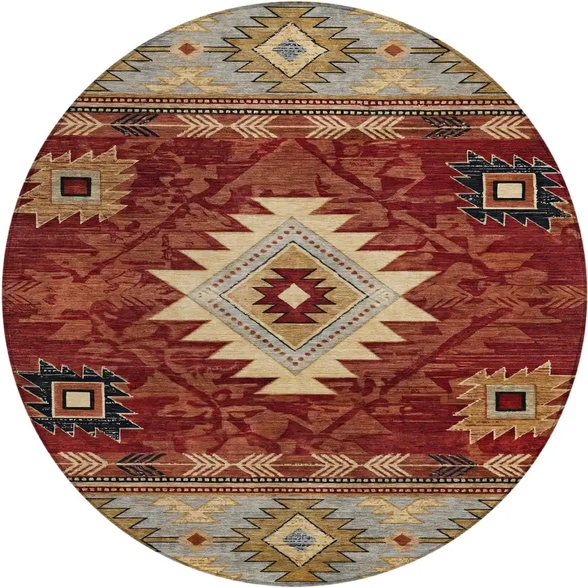 8' Rust Beige And Charcoal Round Tribal Washable Indoor Outdoor Area Rug Photo 1