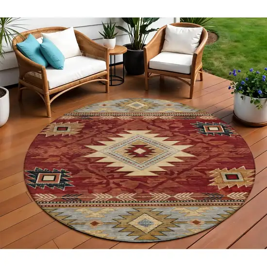 8' Rust Beige And Charcoal Round Tribal Washable Indoor Outdoor Area Rug Photo 2