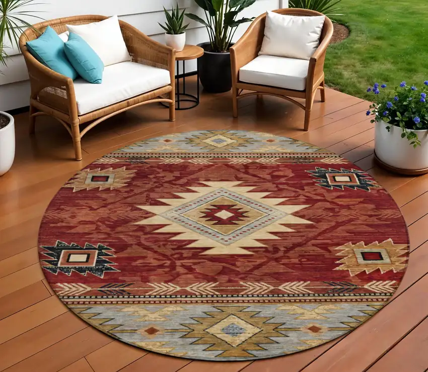 8' Rust Beige And Charcoal Round Tribal Washable Indoor Outdoor Area Rug Photo 2