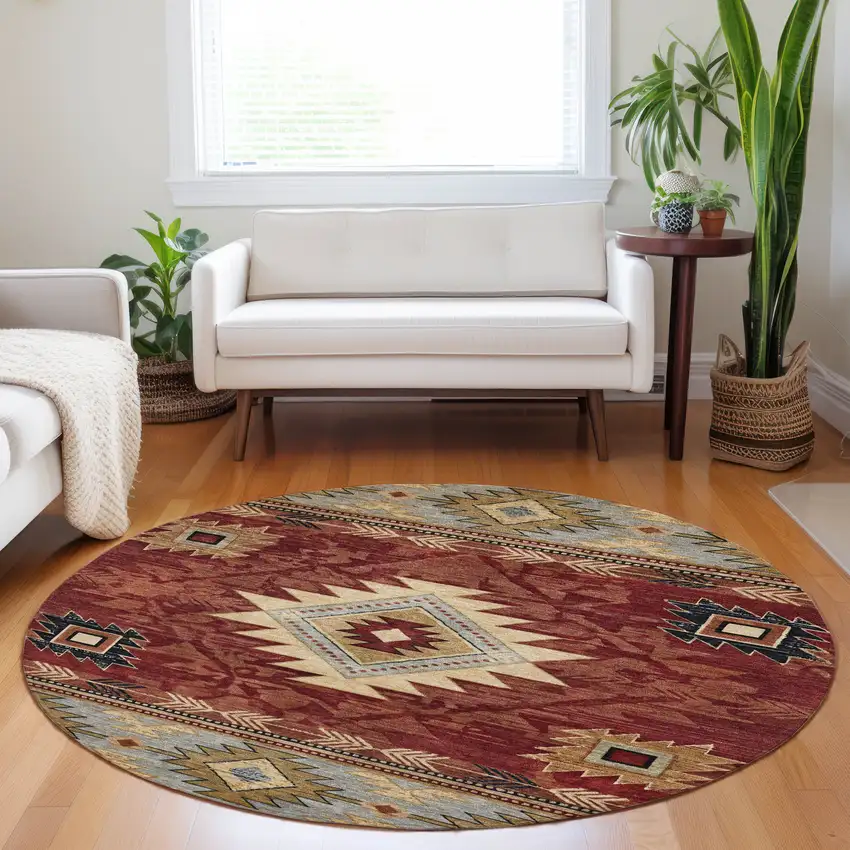 8' Rust Beige And Charcoal Round Tribal Washable Indoor Outdoor Area Rug Photo 7