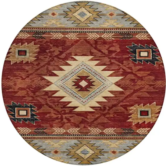 8' Rust Beige And Charcoal Round Tribal Washable Indoor Outdoor Area Rug Photo 4