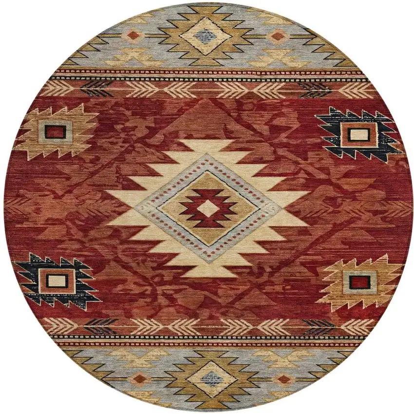 8' Rust Beige And Charcoal Round Tribal Washable Indoor Outdoor Area Rug Photo 4