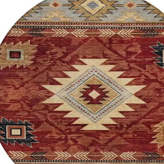 8' Rust Beige And Charcoal Round Tribal Washable Indoor Outdoor Area Rug Photo 3
