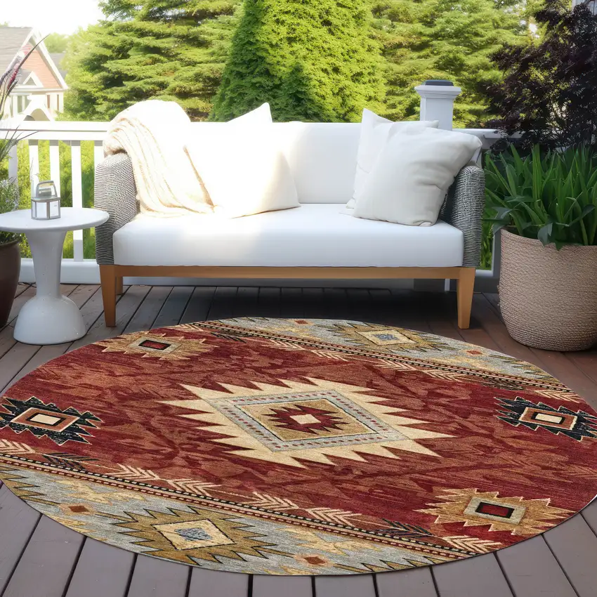 8' Rust Beige And Charcoal Round Tribal Washable Indoor Outdoor Area Rug Photo 6