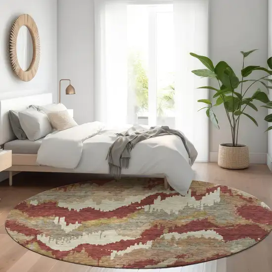8' Rust Beige And Copper Abstract Washable Round Rug With UV Protection Photo 6