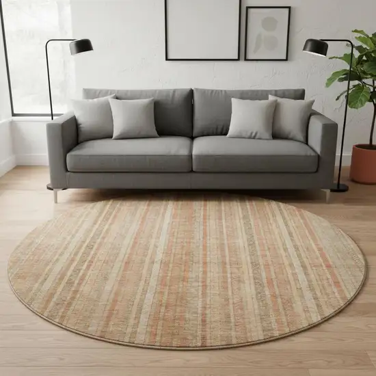8' Rust Beige And Copper Striped Washable Round Rug With UV Protection Photo 2