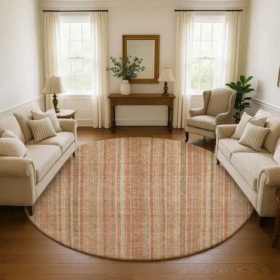 8' Rust Beige And Copper Striped Washable Round Rug With UV Protection Photo 4