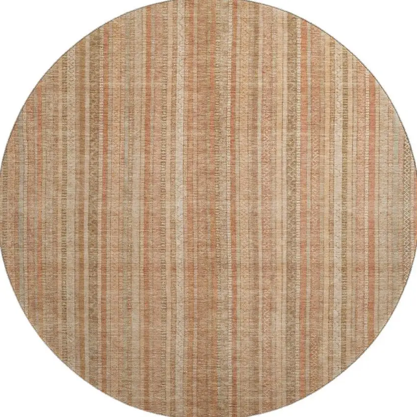 8' Rust Beige And Copper Striped Washable Round Rug With UV Protection Photo 3