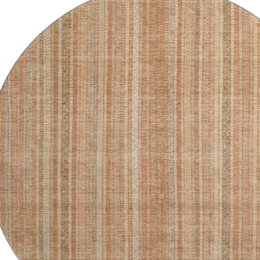 8' Rust Beige And Copper Striped Washable Round Rug With UV Protection Photo 2
