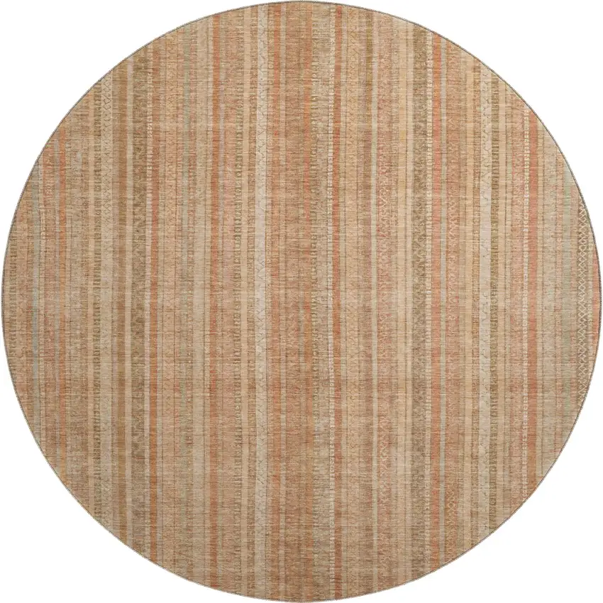 8' Rust Beige And Copper Striped Washable Round Rug With UV Protection Photo 1