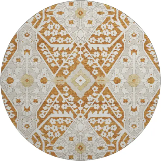 8' Rust Beige And Gold Floral Washable Round Rug With UV Protection Photo 2