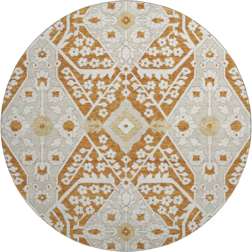 8' Rust Beige And Gold Floral Washable Round Rug With UV Protection Photo 2