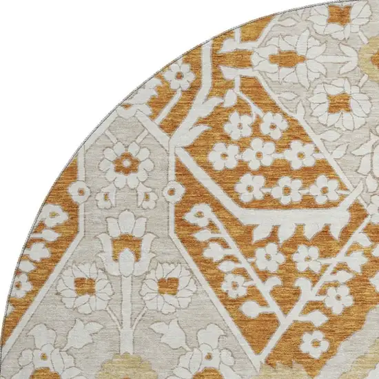 8' Rust Beige And Gold Floral Washable Round Rug With UV Protection Photo 4
