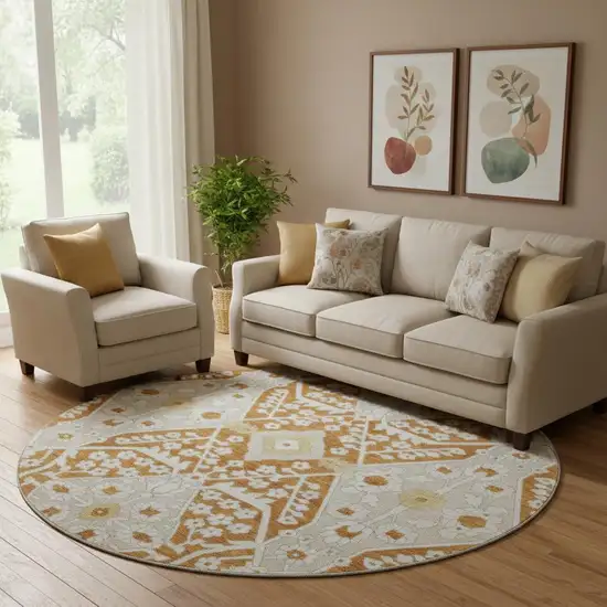 8' Rust Beige And Gold Floral Washable Round Rug With UV Protection Photo 1