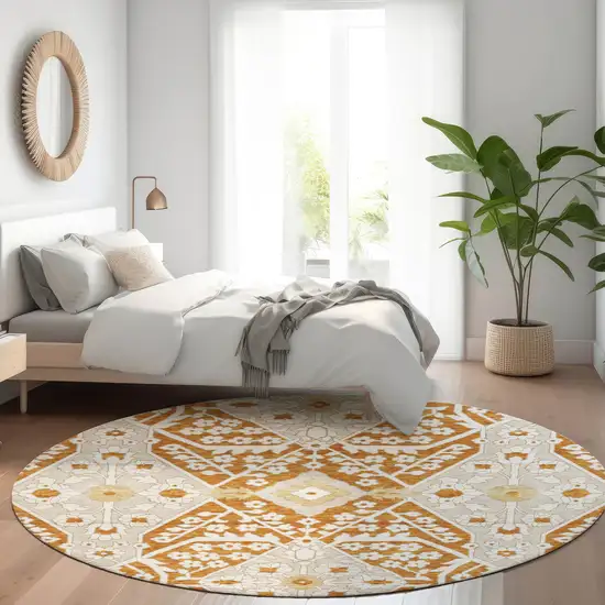 8' Rust Beige And Gold Floral Washable Round Rug With UV Protection Photo 6