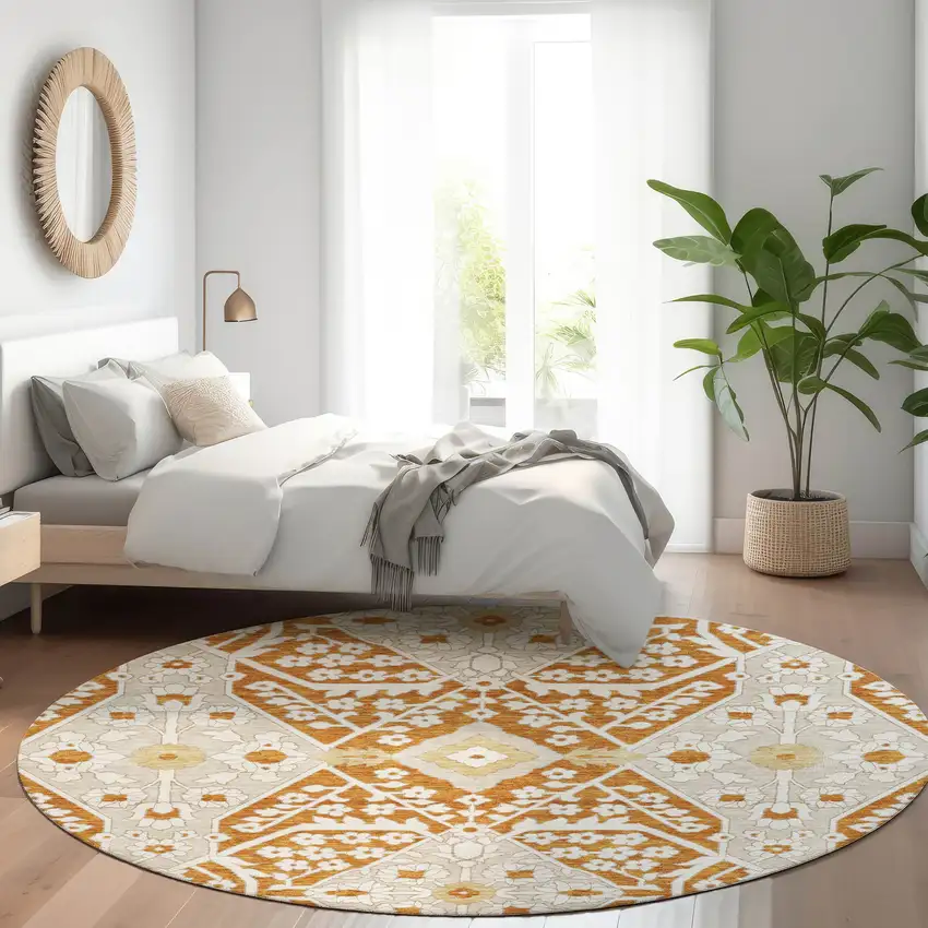 8' Rust Beige And Gold Floral Washable Round Rug With UV Protection Photo 6