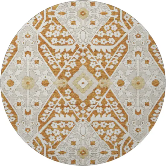 8' Rust Beige And Gold Floral Washable Round Rug With UV Protection Photo 5