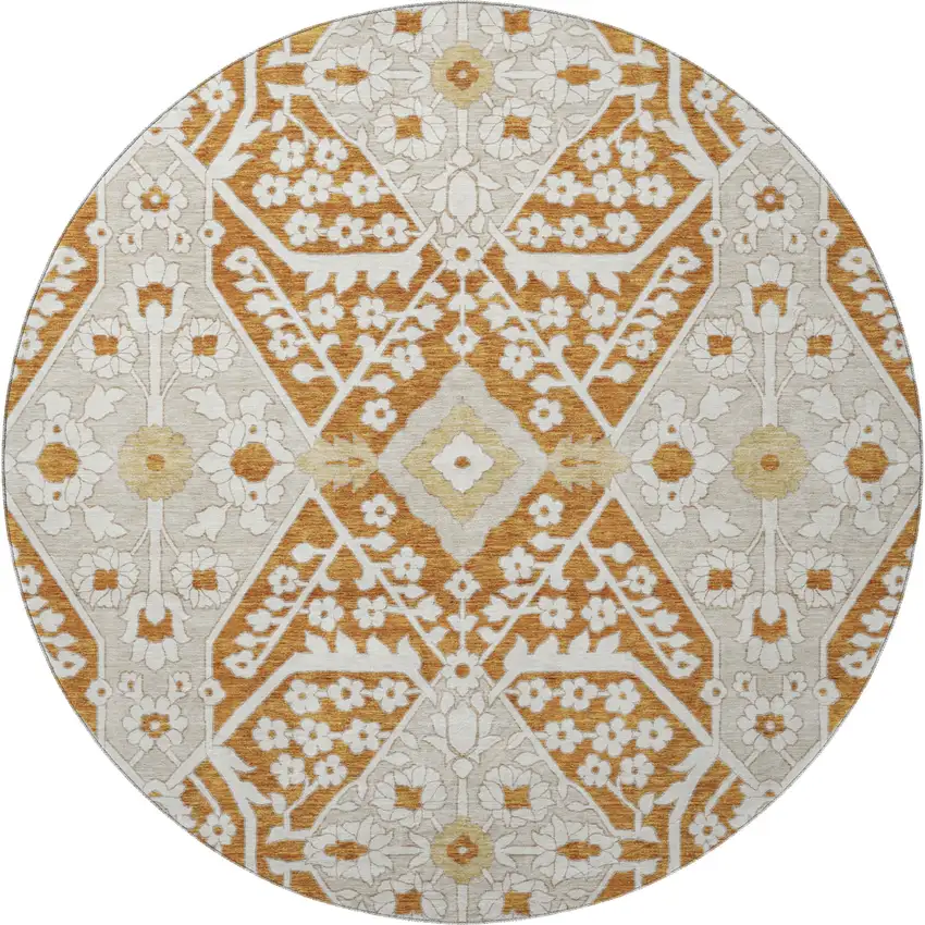 8' Rust Beige And Gold Floral Washable Round Rug With UV Protection Photo 5