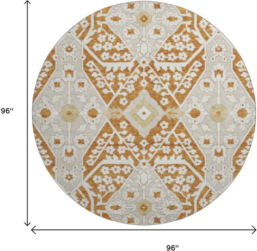 8' Rust Beige And Gold Floral Washable Round Rug With UV Protection Photo 3