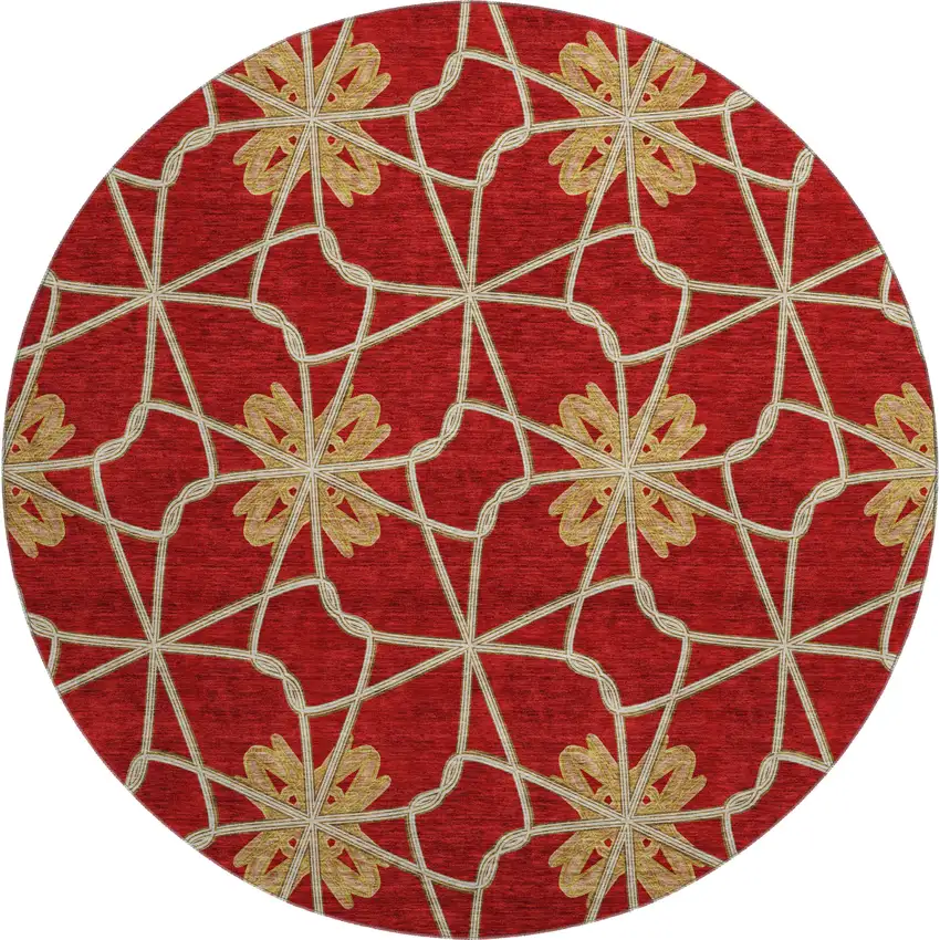 8' Rust Beige And Gold Geometric Washable Round Rug With UV Protection Photo 1