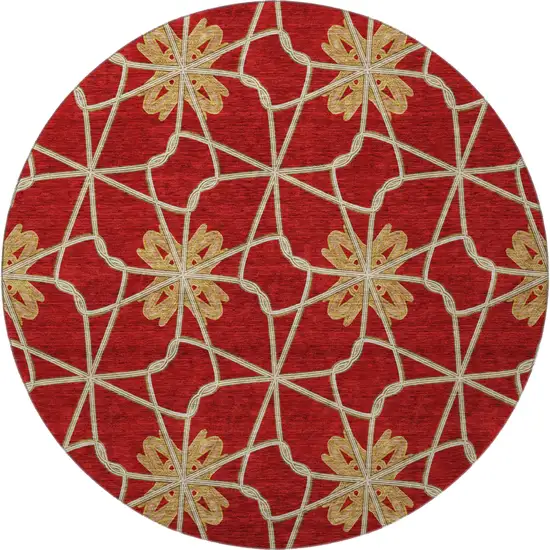 8' Rust Beige And Gold Geometric Washable Round Rug With UV Protection Photo 2