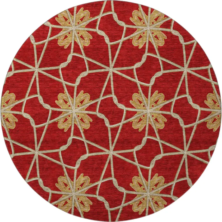 8' Rust Beige And Gold Geometric Washable Round Rug With UV Protection Photo 2