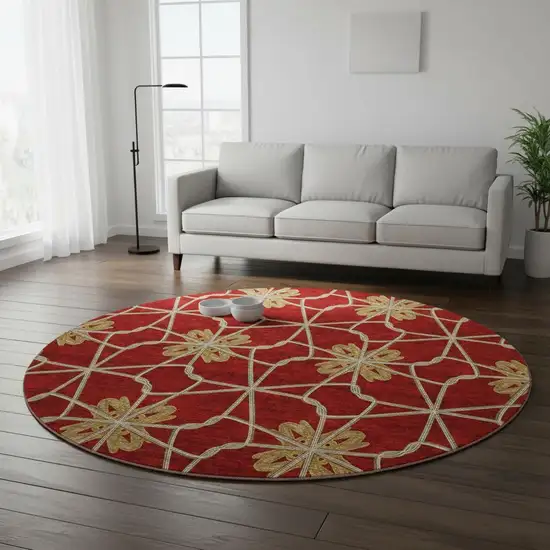 8' Rust Beige And Gold Geometric Washable Round Rug With UV Protection Photo 2