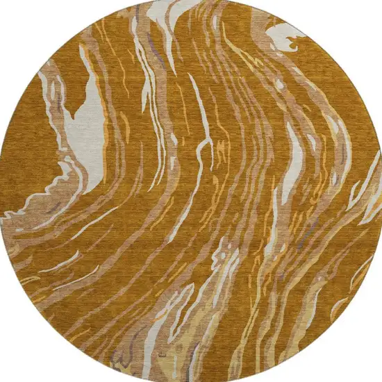 8' Rust Beige And Gray Abstract Washable Round Rug With UV Protection Photo 3