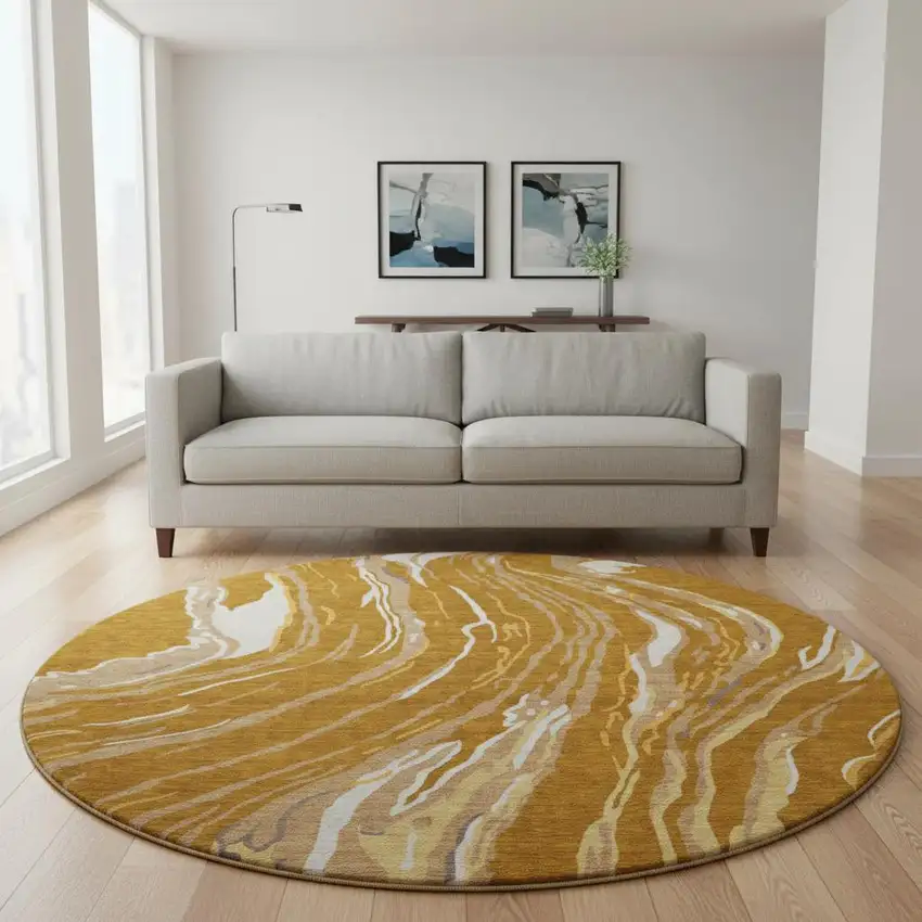 8' Rust Beige And Gray Abstract Washable Round Rug With UV Protection Photo 2