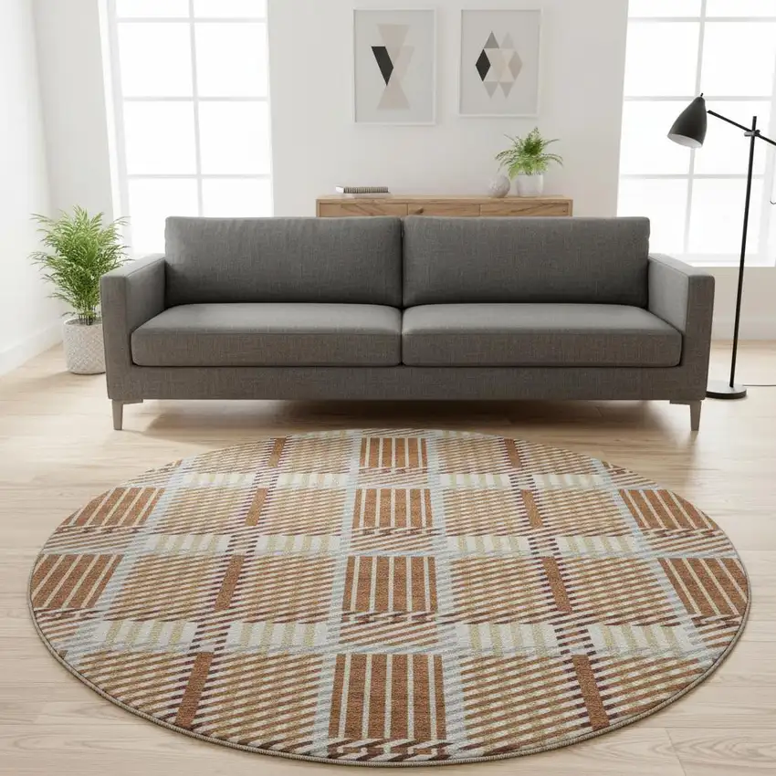 8' Rust Beige And Gray Plaid Washable Round Rug With UV Protection Photo 2