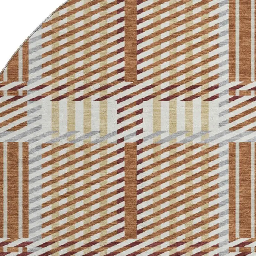 8' Rust Beige And Gray Plaid Washable Round Rug With UV Protection Photo 2