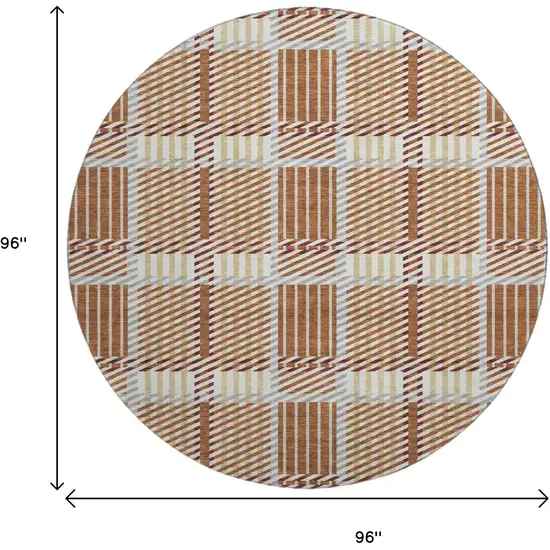 8' Rust Beige And Gray Plaid Washable Round Rug With UV Protection Photo 9