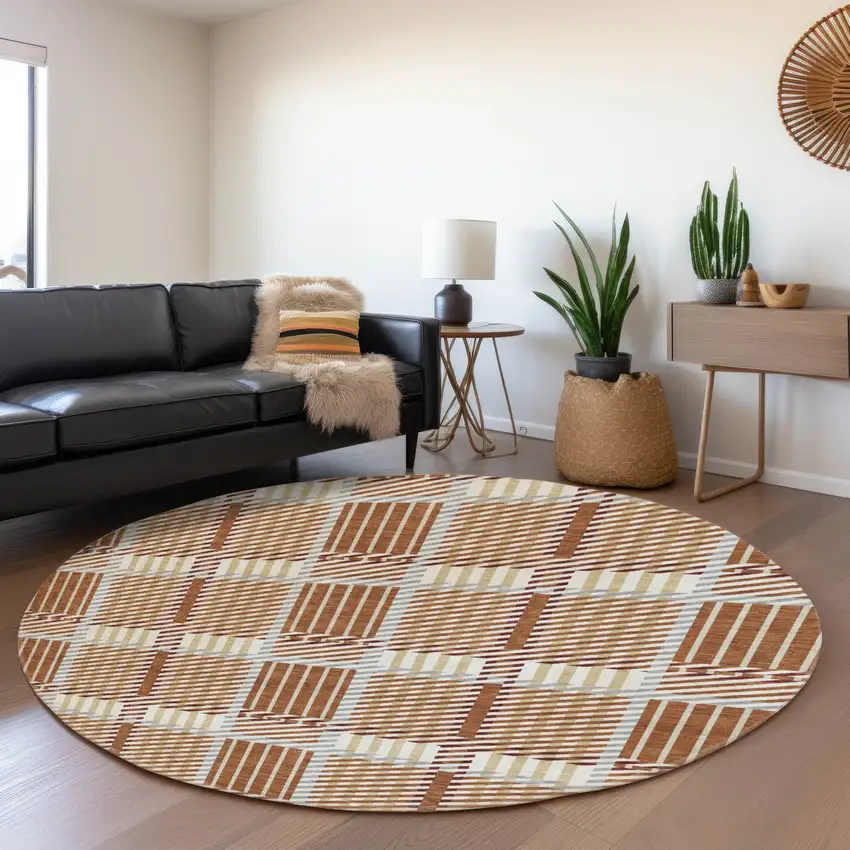 8' Rust Beige And Gray Plaid Washable Round Rug With UV Protection Photo 4