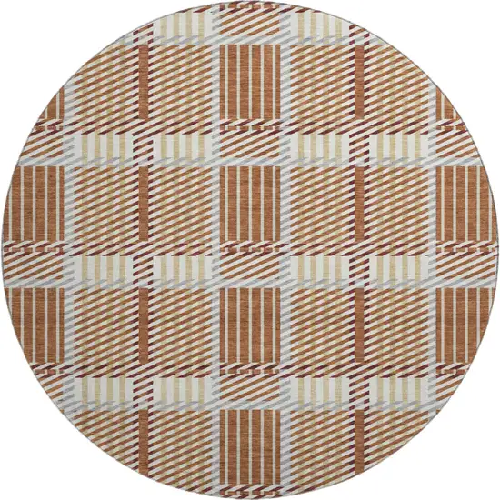 8' Rust Beige And Gray Plaid Washable Round Rug With UV Protection Photo 1