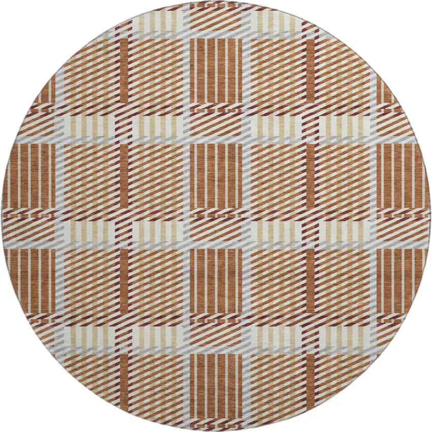 8' Rust Beige And Gray Plaid Washable Round Rug With UV Protection Photo 1