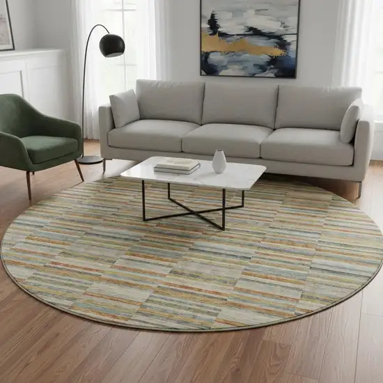 8' Rust Beige And Gray Striped Washable Round Rug With UV Protection Photo 2