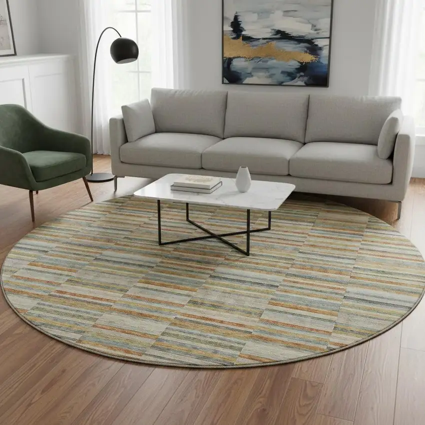 8' Rust Beige And Gray Striped Washable Round Rug With UV Protection Photo 2