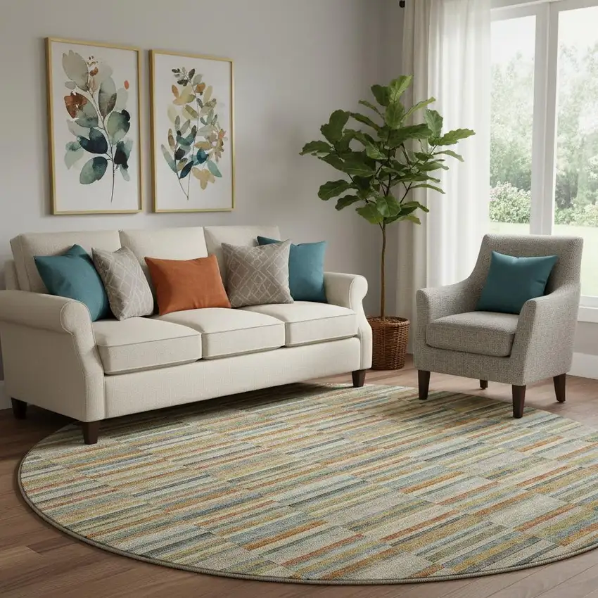 8' Rust Beige And Gray Striped Washable Round Rug With UV Protection Photo 1