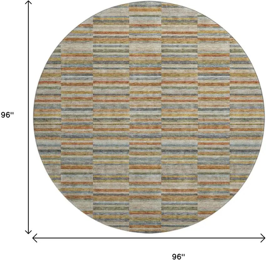 8' Rust Beige And Gray Striped Washable Round Rug With UV Protection Photo 3