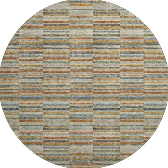 8' Rust Beige And Gray Striped Washable Round Rug With UV Protection Photo 4