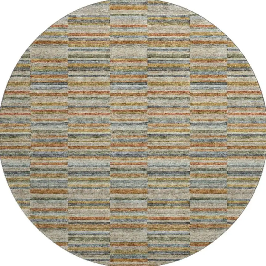 8' Rust Beige And Gray Striped Washable Round Rug With UV Protection Photo 4
