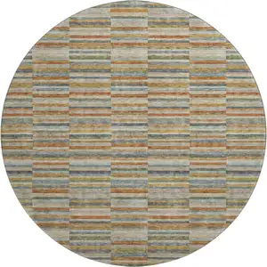Photo of 8' Rust Beige And Gray Striped Washable Round Rug With UV Protection