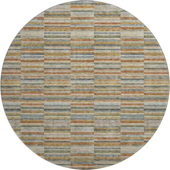 8' Rust Beige And Gray Striped Washable Round Rug With UV Protection Photo 1